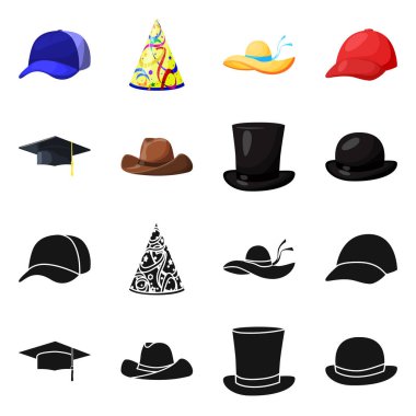 Giyim ve kap logosu yalıtılmış nesne. Giyim ve bere hisse senedi vektör çizim koleksiyonu.