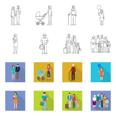 Vektör Illustration karakter ve avatar işareti. Hisse senedi için karakter ve portre vektör simge topluluğu.