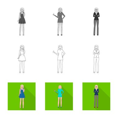 Duruş ve ruh hali işareti vektör tasarımı. Duruş ve hisse senedi için kadın vektör ikon koleksiyonu.