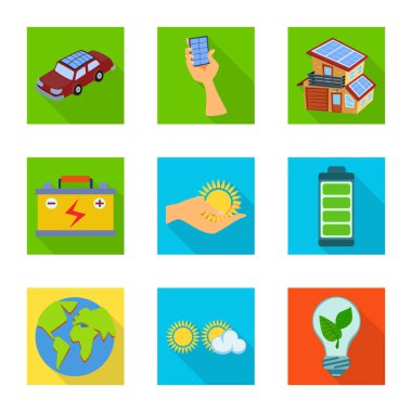 Güneş ve panel sembolü izole nesne. Web için Güneş ve yeşil stok sembolü seti.