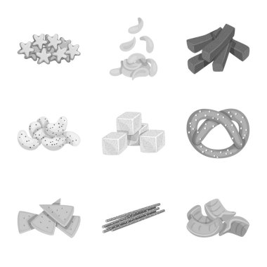 Ürün ve menü simgesinin vektör çizimi. Ürün ve bar stok vektör illüstrasyonunun toplanması.