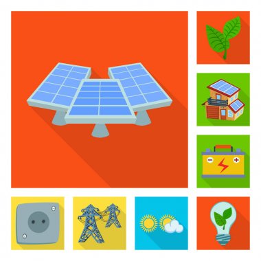 Güneş ve panel sembolü izole nesne. Web için Güneş ve yeşil stok sembolü seti.