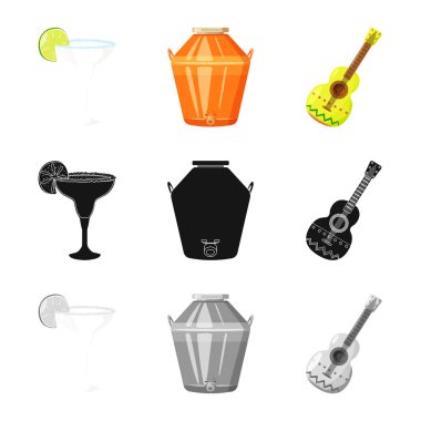 Kafe ve Latin simgesi yalıtılmış nesne. Kafe ve ulusal hisse senedi vektör çizim koleksiyonu.