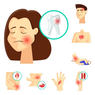 Ağrı ve hastalık sembolü vektör Illustration. Web için ağrı ve yaralanma stok sembolü seti.