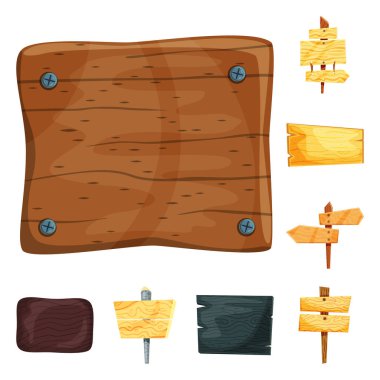 Tabela ve ahşap işareti yalıtılmış nesne. Tabela ve hisse senedi için ahşap vektör simge kümesi.