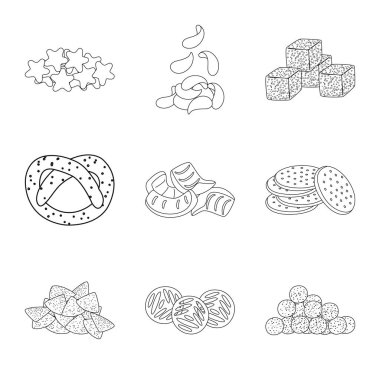 Ürün ve menü logosunun vektör çizimi. Stok için ürün ve lezzet vektör simgesi kümesi.