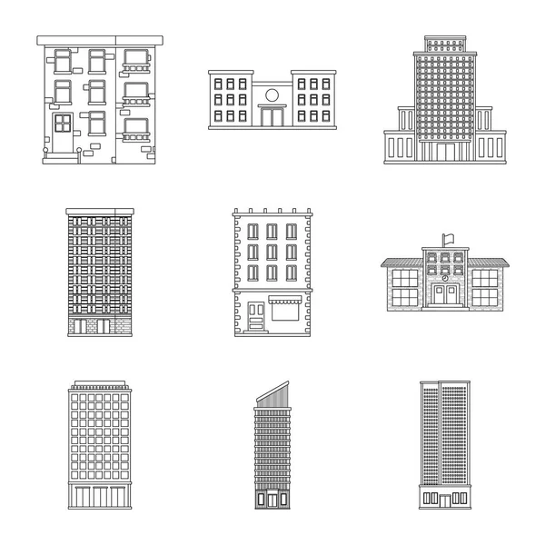 Vektorová ilustrace architektury a exteriéru loga. Sada symbolů a symbol městské populace pro web. — Stockový vektor