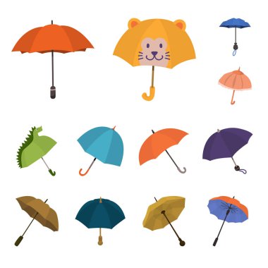 Şemsiye ve yağmur logosu izole nesne. Web için şemsiye ve hava stok sembolü koleksiyonu.