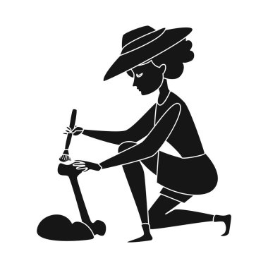 Arkeolog ve kız logosuizole nesne. Arkeolog ve çukur stok vektör illüstrasyon seti.