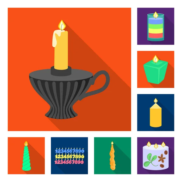 Izolovaný objekt ikony svíček a dekorace. Sbírka ikon světla svíček a plamene na skladě. — Stockový vektor
