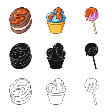 Şekerlemeler ve mutfak işareti vektör tasarımı. Şekerlemeler ve hisse senedi için ürün vektör simge koleksiyonu.