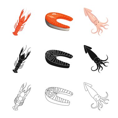 Taze yalıtılmış nesne ve restoran oturum açın. Taze ve deniz hisse senedi vektör çizim seti.