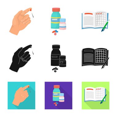 Diyet ve tedavi işareti vektör tasarımı. Hisse senedi için diyet ve tıp vektör simge topluluğu.