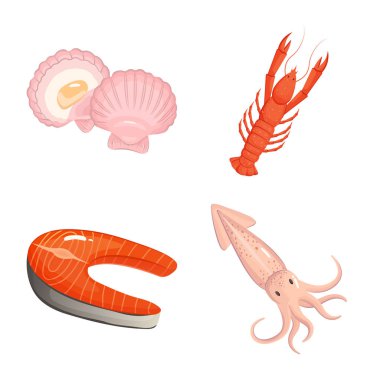 Yiyecek ve deniz logosu izole edilmiş. Stok için yiyecek toplama ve sağlıklı vektör simgesi.