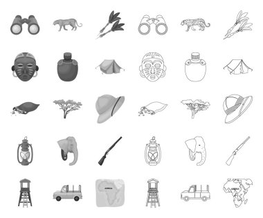 Afrika Safari mono, tasarım için set koleksiyonunda anahat simgeleri. Safari vektör sembolü stok web illüstrasyon için kupa ve ekipman.