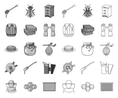 Apiary ve arıcılık mono, tasarım için set koleksiyonunda anahat simgeleri. Ekipman ve bal vektör sembolü stok web illüstrasyon üretimi.