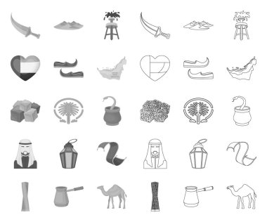 Ülke Birleşik Arap Emirlikleri mono, tasarım için set koleksiyonunda anahat simgeler. Turizm ve cazibe vektör sembolü stok web illüstrasyon.