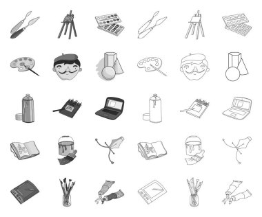 Boyama ve çizim mono, tasarım için set koleksiyonunda anahat simgeler. Sanatsal aksesuarlar vektör sembolü stok web illüstrasyon.