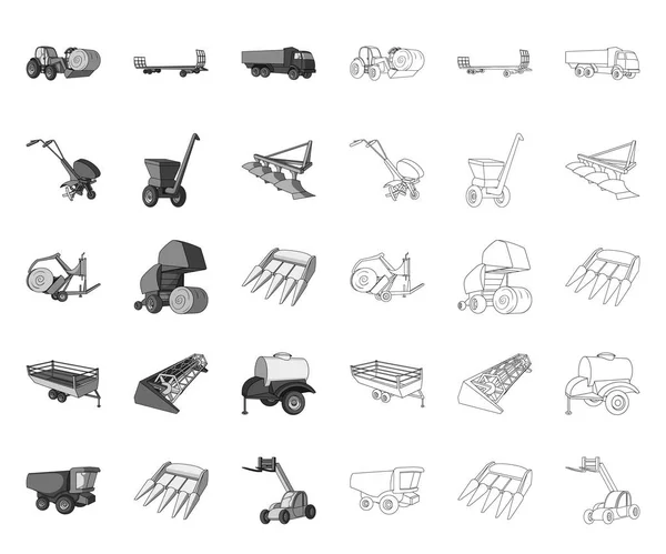 Landmaschinen mono, umreißen symbole in set-kollektion für design. Geräte und Geräte Vektor Symbol Stock Web Illustration. — Stockvektor