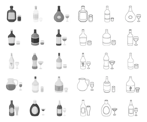 Виды алкоголя моно-, наброски икон в наборе коллекции для оформления. Алкоголь в бутылках векторные символы акций веб-иллюстрация . — стоковый вектор