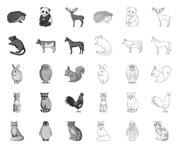 Realistic animals mono,outline icons in set collection for design. Wild and domestic animals vector symbol stock web illustration. — Stock Vector
