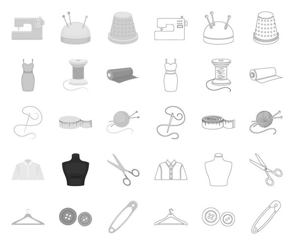 Atelier and sewing mono,outline icons in set collection for design. Equipment and tools for sewing vector symbol stock web illustration.