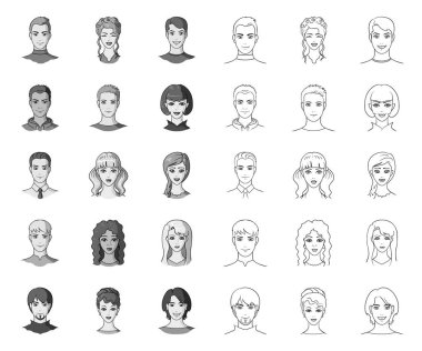 Avatar ve yüz mono, tasarım için set koleksiyonunda anahat simgeleri. Bir kişi görünüm vektör sembolü stok web illüstrasyon.