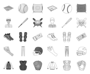 Beyzbol ve öznitelikleri tasarım için set koleksiyonunda mono, anahat simgeleri. Beyzbol oyuncu ve ekipman vektör sembolü stok web illüstrasyon.