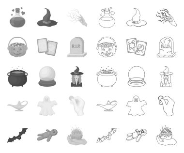 mono, anahat ve beyaz sihirli mono, tasarım için set koleksiyonunda anahat simgeleri. Öznitelikler ve büyücüler aksesuarları vektör sembolü stok web illüstrasyon.