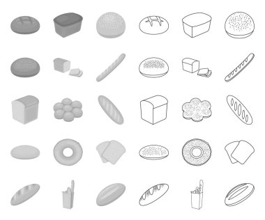 Tasarım için set koleksiyonundaki ekmek mono, anahat simgeleri türleri. Fırın ürünleri vektör sembolü stok web illüstrasyon.