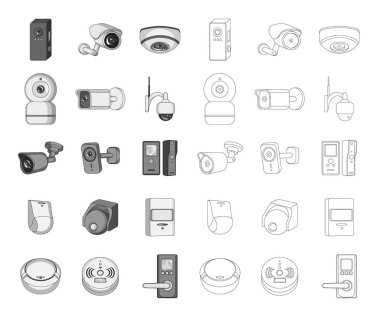 Cctv ve kamera işareti yalıtılmış nesne. Hisse senedi için cctv ve sistem vektör simge kümesi.