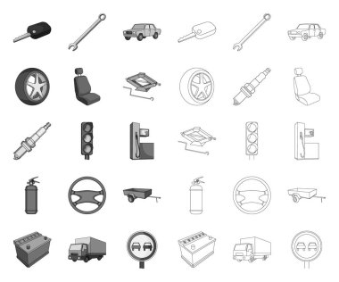 Araba, araç mono, tasarım için set koleksiyonunda anahat simgeleri. Araba ve ekipman vektör sembolü stok web illüstrasyon.