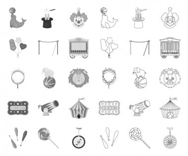 Sirk ve öznitelikleri tasarım için set koleksiyonunda mono, anahat simgeleri. Circus Art vektör sembolü stok web illüstrasyon.