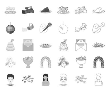 Etkinlik Organizasyonu mono, tasarım için set koleksiyonunda anahat simgeleri. Kutlama ve Öznitelikler vektör sembolü stok web illüstrasyon.