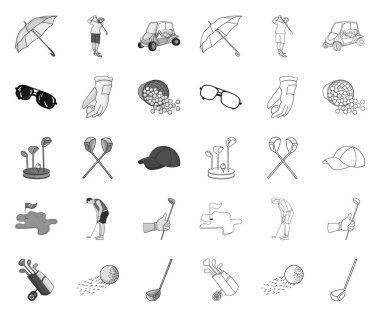 Golf ve öznitelikleri tasarım için set koleksiyonunda mono, anahat simgeleri. Golf Kulübü ve ekipman vektör sembolü stok web illüstrasyon.