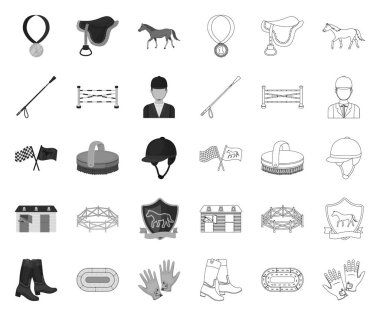 Hipodrom ve at mono, tasarım için set koleksiyonunda anahat simgeleri. At Yarışı ve Ekipman vektör sembolü stok web illüstrasyon.