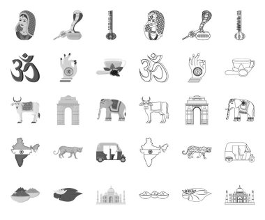 Ülke Hindistan mono, tasarım için set koleksiyonunda anahat simgeleri. Hindistan ve dönüm noktası vektör sembolü stok web illüstrasyon.