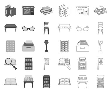 Kitaplık ve kitapçı mono, tasarım için set koleksiyonunda anahat simgeleri. Kitaplar ve mobilyalar vektör sembolü stok web illüstrasyon.