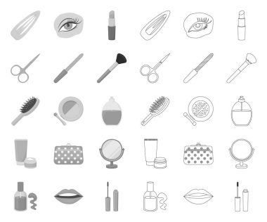 Makyaj ve kozmetik mono, tasarım için set koleksiyonunda anahat simgeler. Makyaj ve ekipman vektör sembolü stok web illüstrasyon.