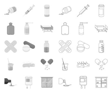 Tıp ve tedavi mono, tasarım için set koleksiyonunda anahat simgeler. Tıp ve ekipman vektör sembolü stok web illüstrasyon.