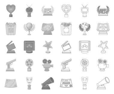 Film ödülleri ve ödüller mono, tasarım için set koleksiyonunda anahat simgeler. Dünya Film Akademisi vektör sembolü stok web illüstrasyon.