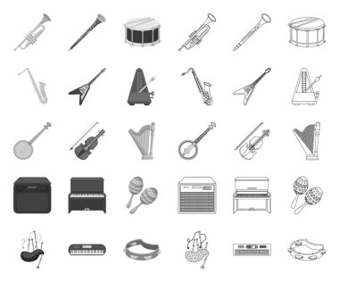 Müzik aleti mono, tasarım için set koleksiyonunda anahat simgeleri. String ve Wind instrument vektör sembolü stok web illüstrasyon.