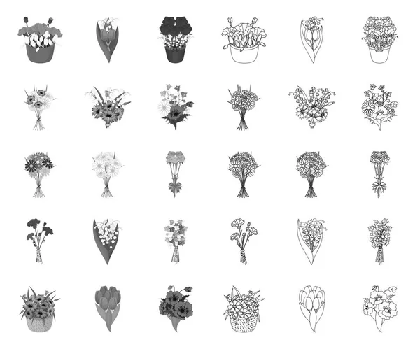 Ένα μπουκέτο φρέσκα λουλούδια μονοφωνικά, εικονίδια περίγραμμα στη συλλογή Set για το σχεδιασμό. Διάφορα μπουκέτα διανυσματικά σύμβολο ιστοσελίδα απόθεμα εικόνα. — Διανυσματικό Αρχείο