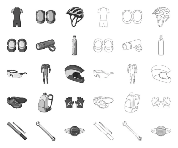 Tenue de vélo mono, icônes de contour dans la collection ensemble pour le design. Vélo et outil vectoriel symbole stock illustration web . — Image vectorielle