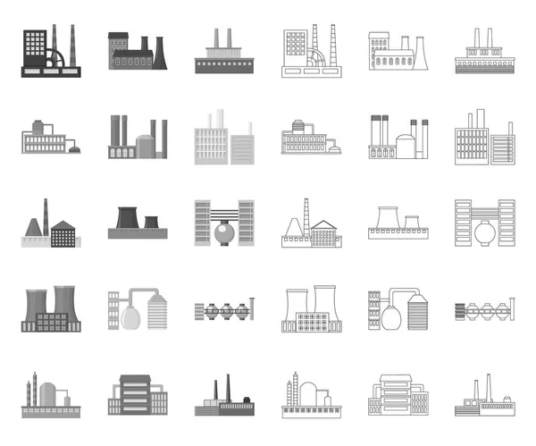 Fábrica e instalações mono, ícones de contorno na coleção de conjuntos para design. Fábrica e equipamento símbolo vetorial ilustração web stock . — Vetor de Stock