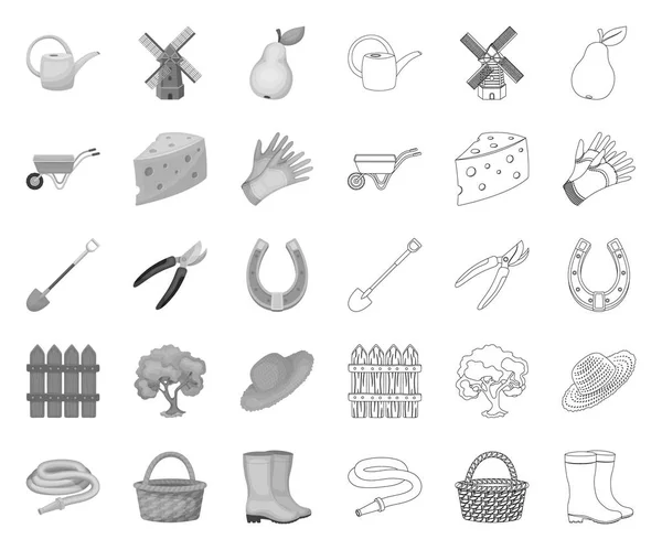 Farm and gardening mono, outline icons in set collection for design. Рисунок векторных символов фермы и оборудования . — стоковый вектор