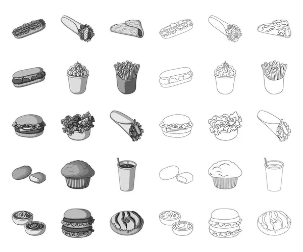 Comida rápida mono, iconos de contorno en la colección de conjuntos para design.Food de productos semielaborados vector símbolo stock web ilustración . — Archivo Imágenes Vectoriales