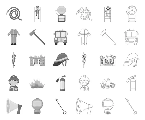 Departamento de Bomberos mono, esbozar iconos en la colección de conjuntos para el diseño. Bomberos y equipos vector símbolo stock web ilustración . — Vector de stock