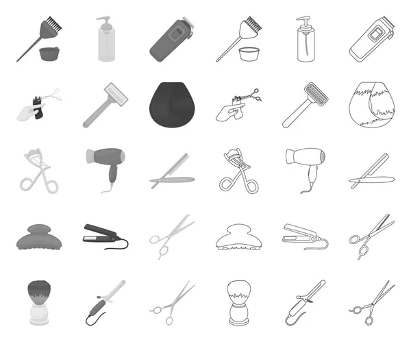 Peluquería y herramientas mono, esbozar iconos en la colección de conjuntos para design.Profession peluquería vector símbolo stock web ilustración . — Vector de stock
