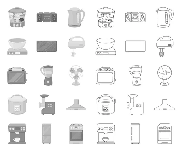 Soorten huishoudelijke apparaten mono, contour iconen in set collectie voorontwerp. Keuken apparatuur vector symbool voorraad Web illustratie. — Stockvector